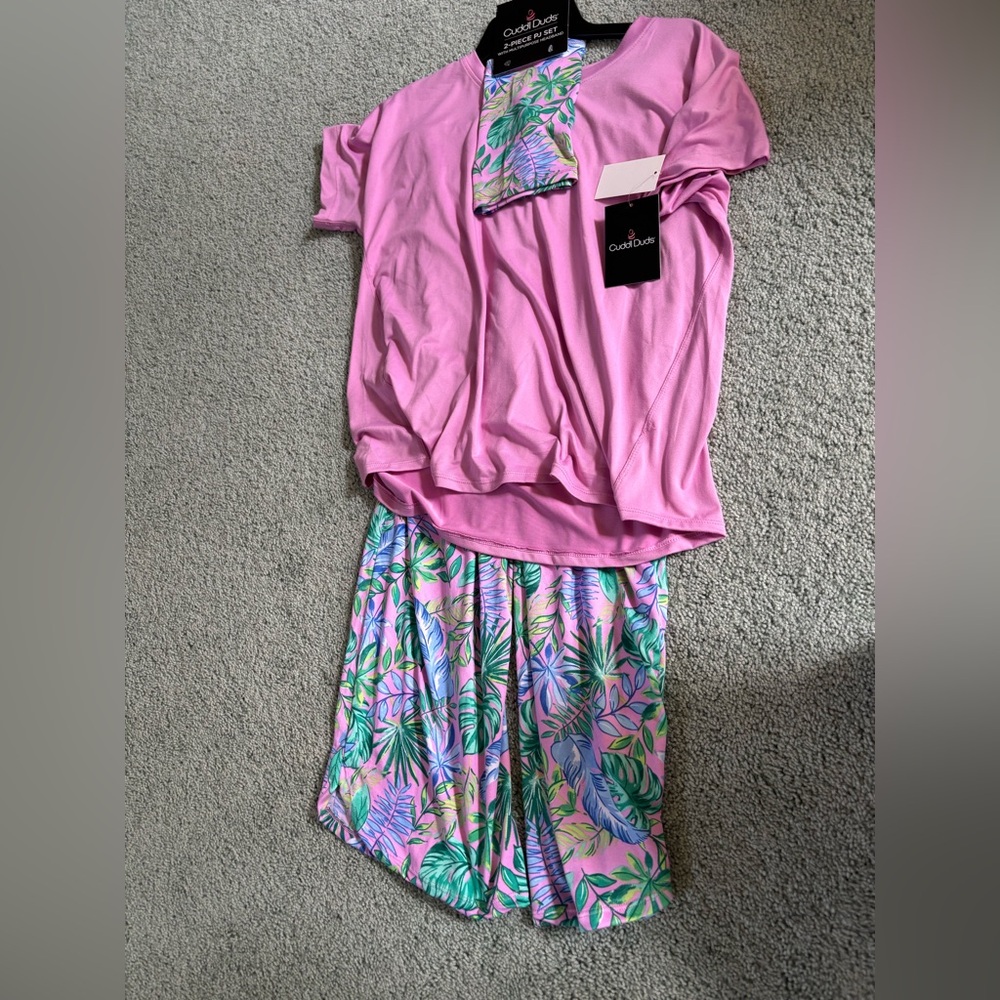 Cuddl Duds PJ Set + Headband 2 Piece Sleepwear Pink/Leaf Print‎ NWT Small